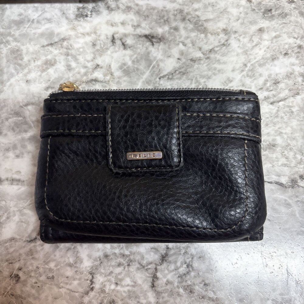 Relic Womens Wallet Coin Purse Bi Fold Black Stitching Pebbled Leather 5"x3.5"